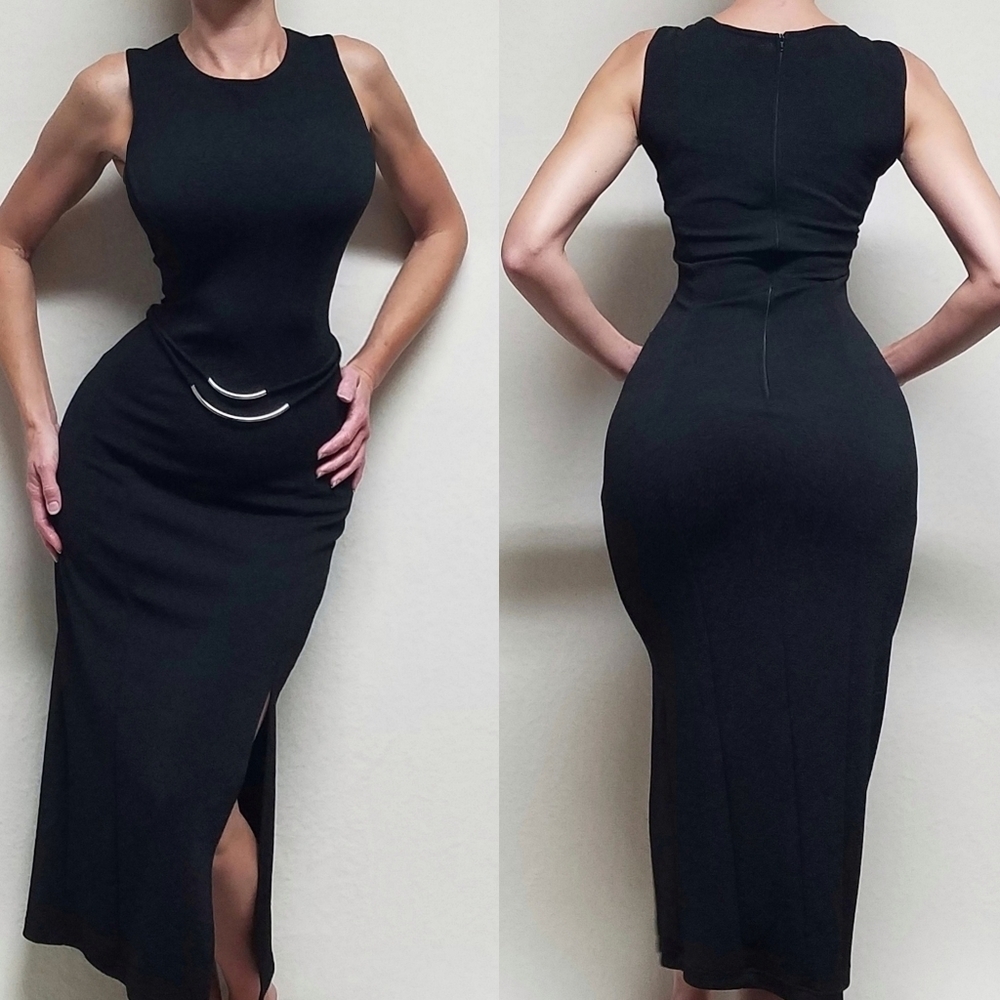 90s Vintage Scarlett Black Stretchy Knit Silver Tube Belt Side Slit Maxi Dress